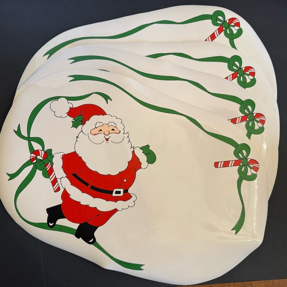 Vintage Vinyl Santa Claus 4 Pcs Ribbon Candy Cane Placemats Oval Ullman Co Korea